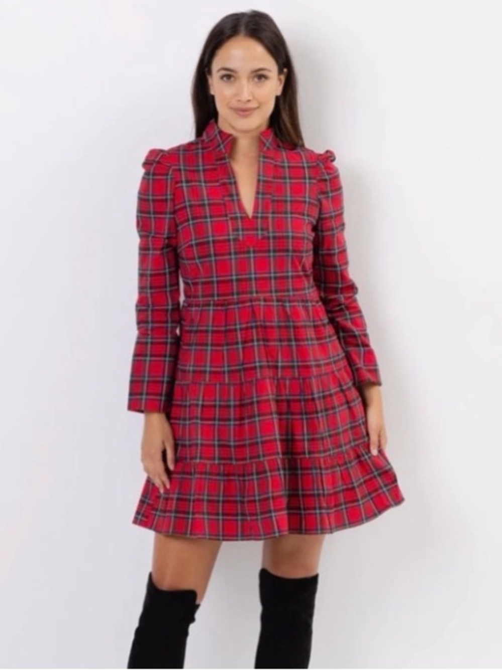 Sail to Sable Red Tartan Plaid Long Sleeve Tunic Dress Medium